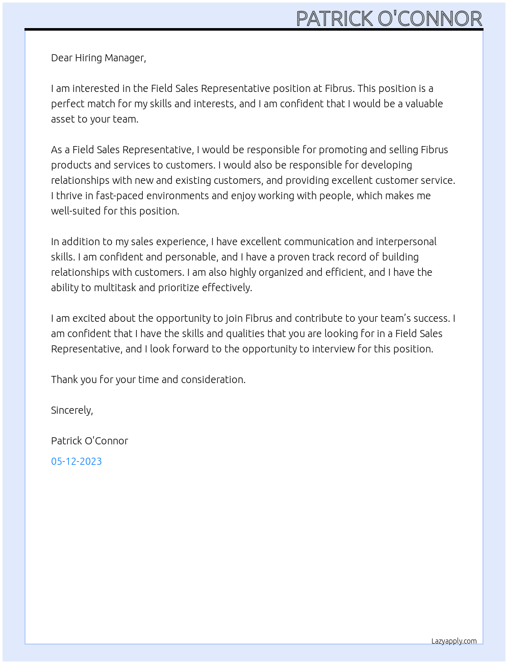Field Sales Representative At Fibrus Cover Letter
