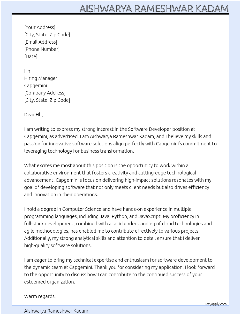 Software developer At Capegimini Cover Letter