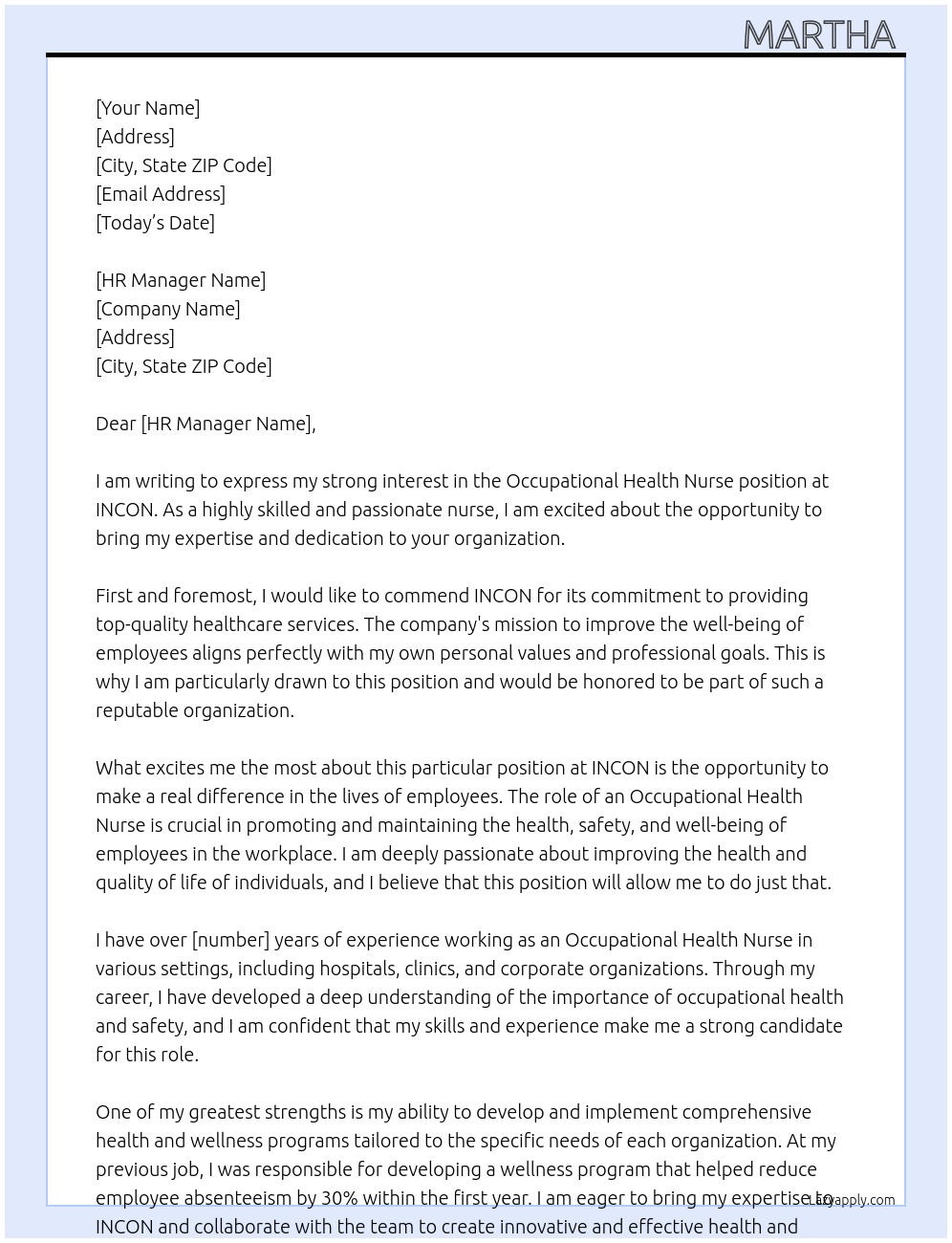 Occupational health nurse At INCON Cover Letter