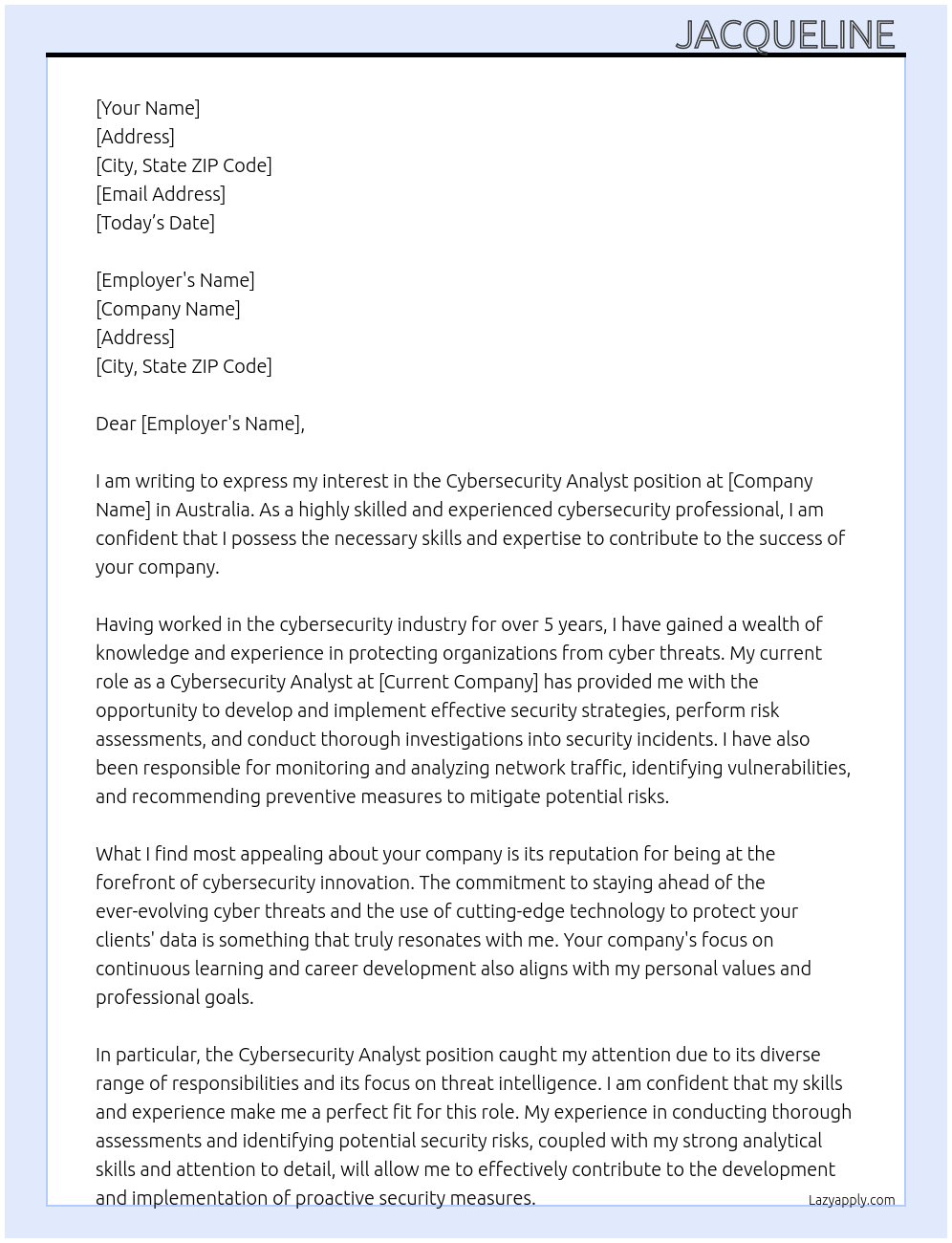 Cybersecurity Analyst At Australia Cover Letter