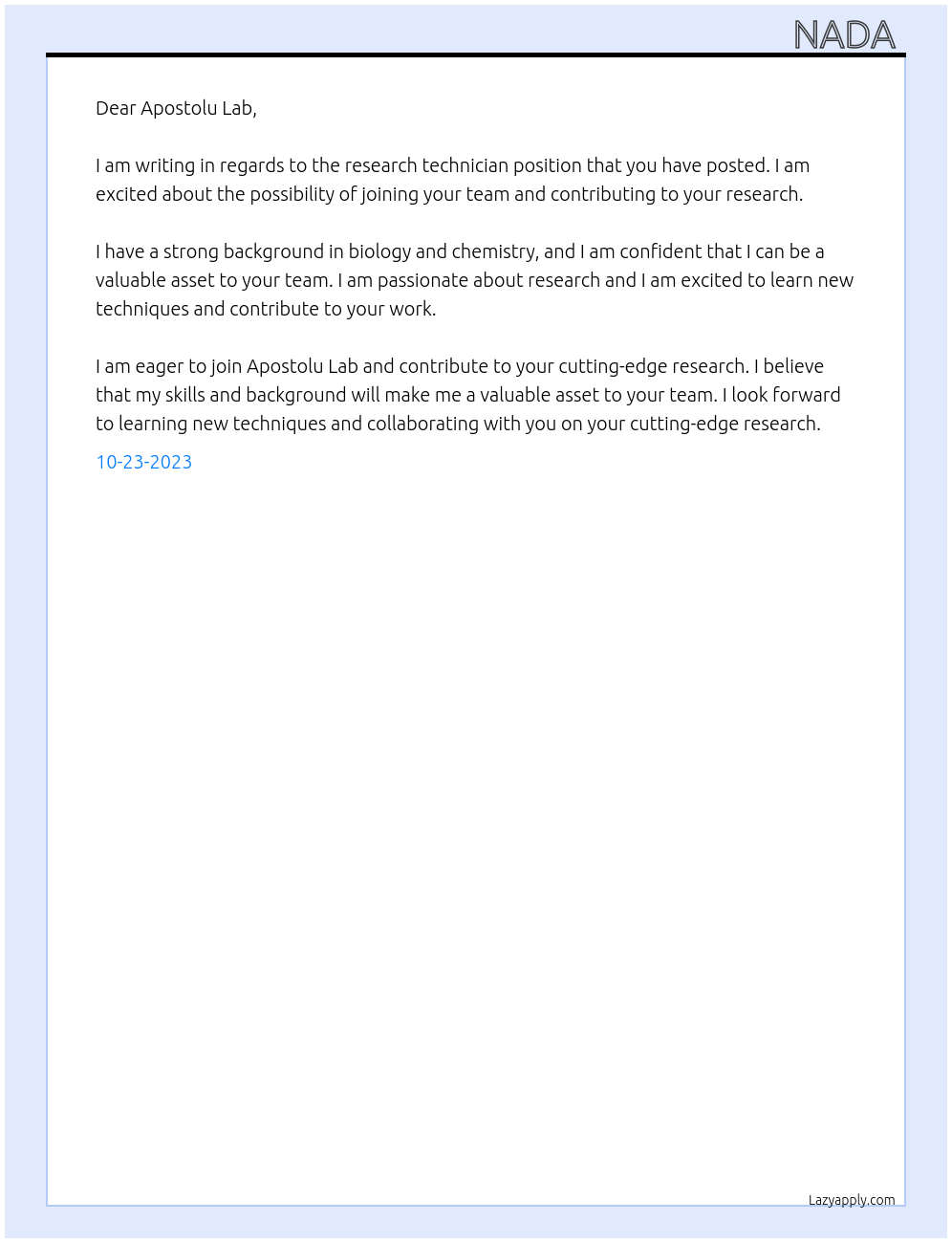 research technician  At Apostolu lab  Cover Letter