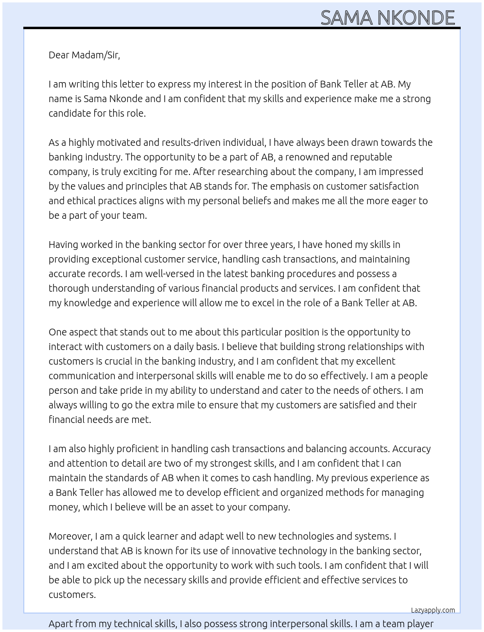 Bank Teller At AB Cover Letter