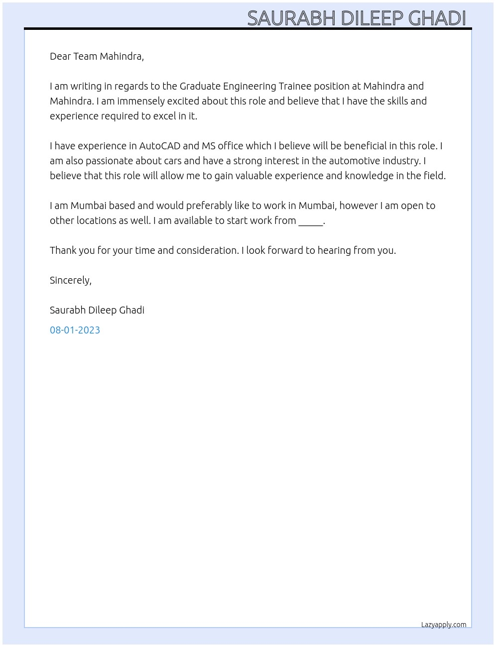 Graduate Engineering Trainee At Mahindra and Mahindra Cover Letter