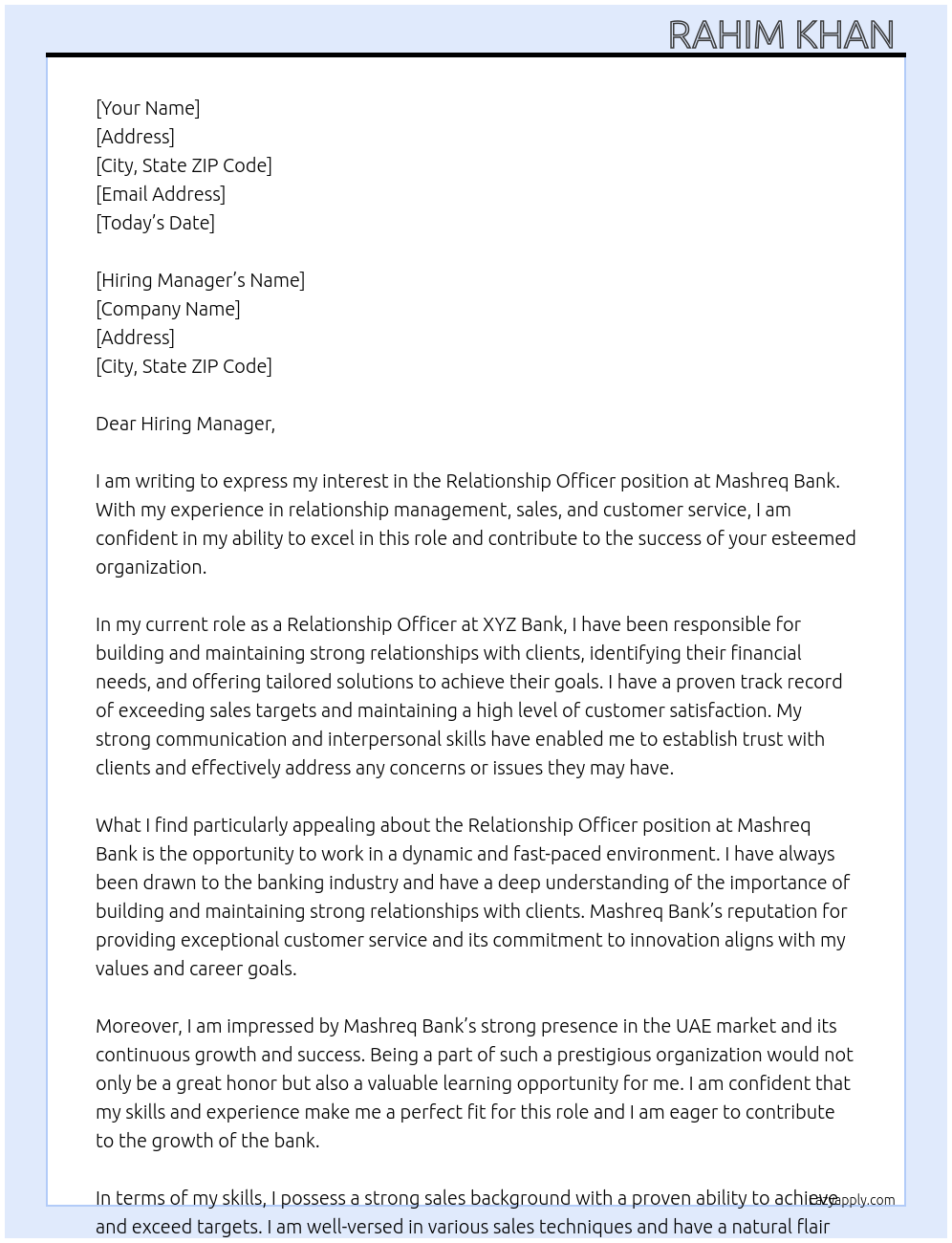 Relationship Officer At Mashreq Bank Cover Letter