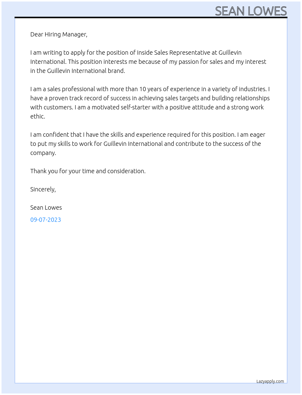 Inside Sales Representative At Guillevin International Cover Letter