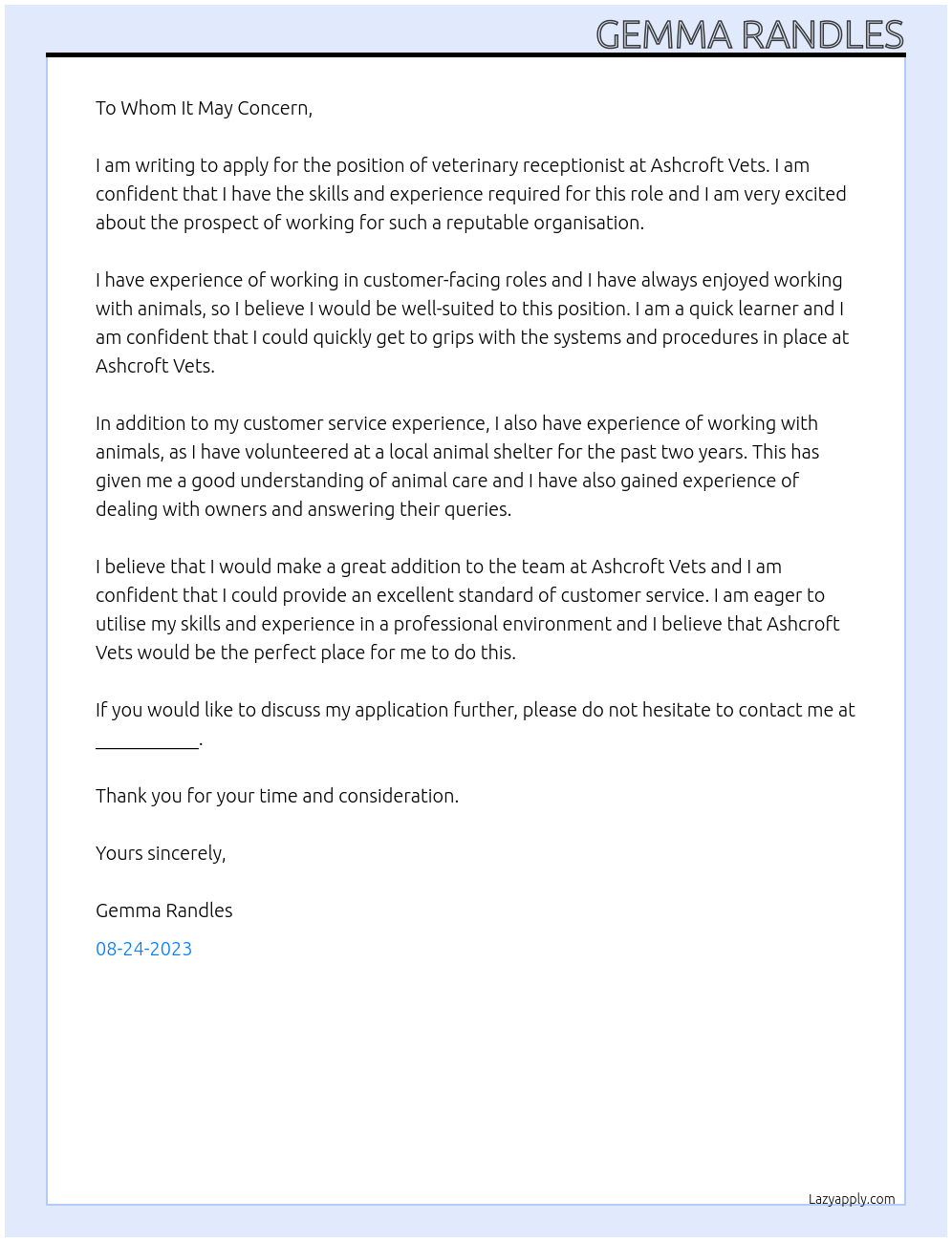 Veterinary Receptionist At Ashcroft Vets Cover Letter