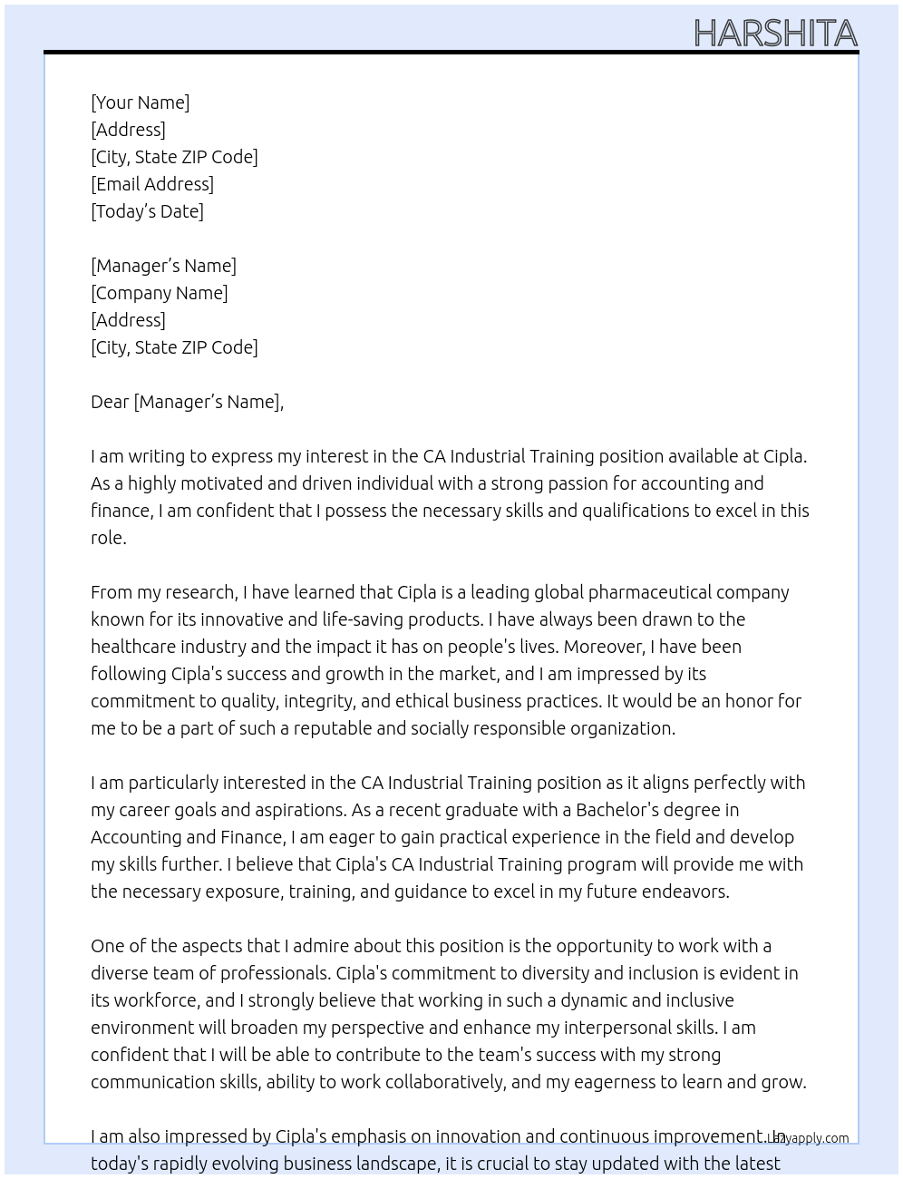 Ca industrial training At Cipla Cover Letter