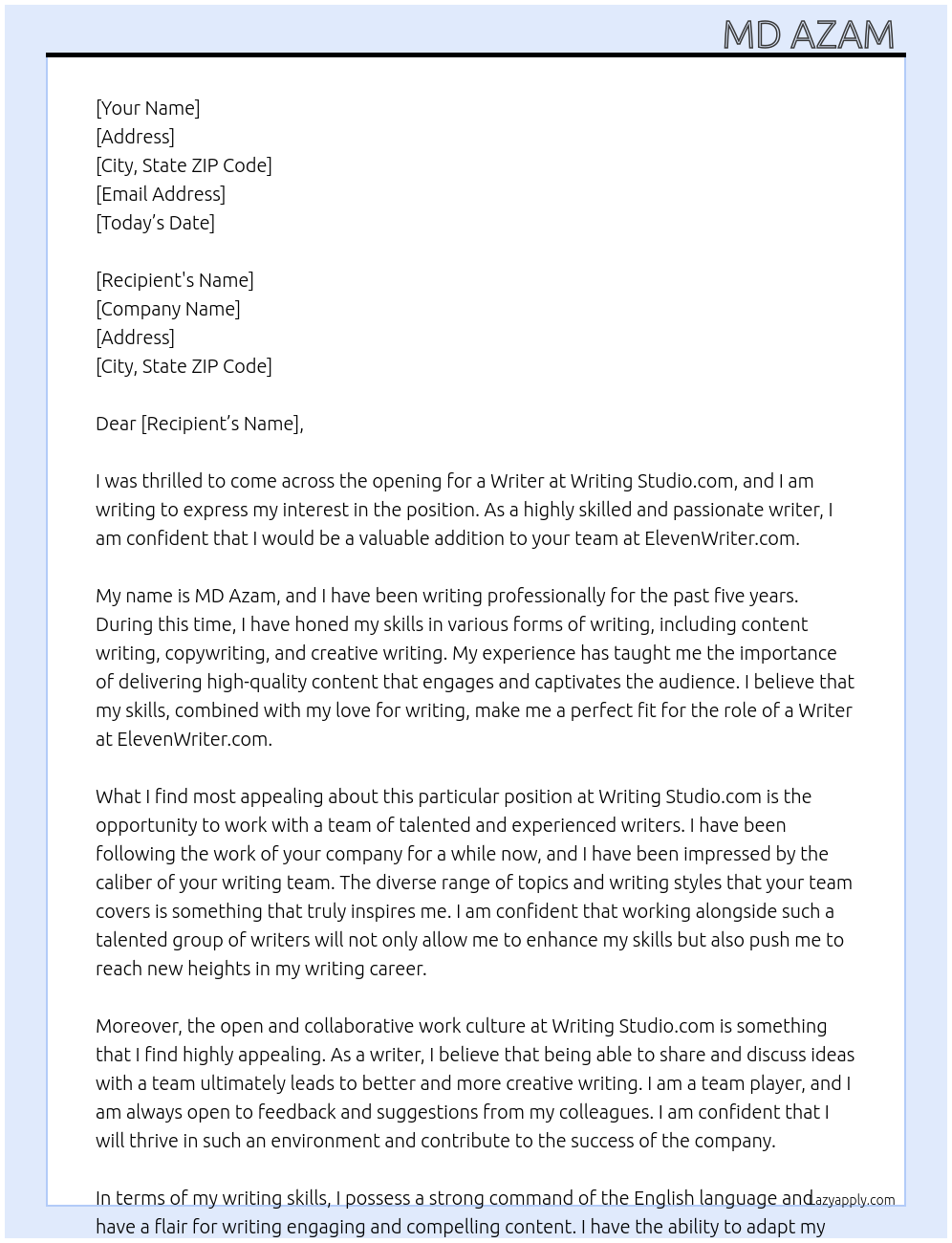 Writer At Writing studio.com Cover Letter