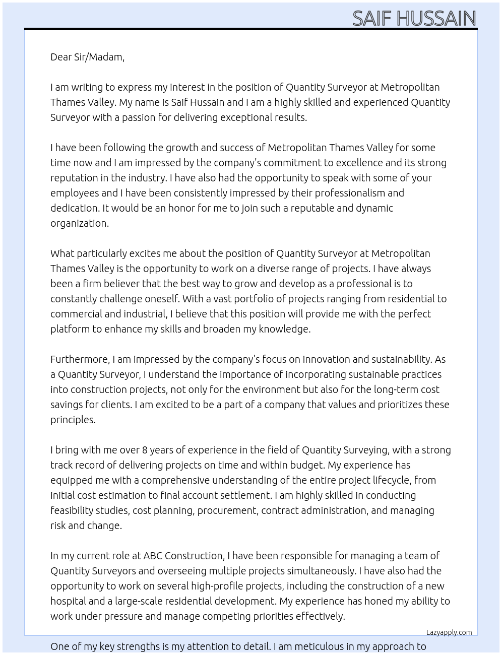 Quantity Surveyor At Metropolitan Thames Valley Cover Letter