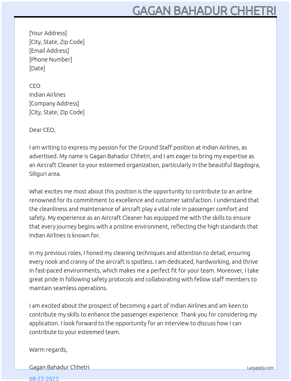 Ground Staff At Indian Airlines Cover Letter