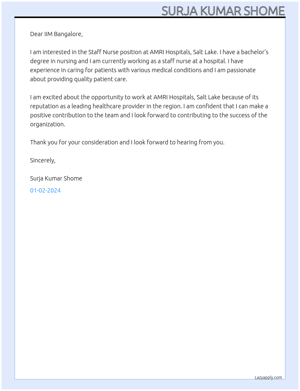 Staff Nurse At AMRI HOSPITALS, SALT LAKE Cover Letter