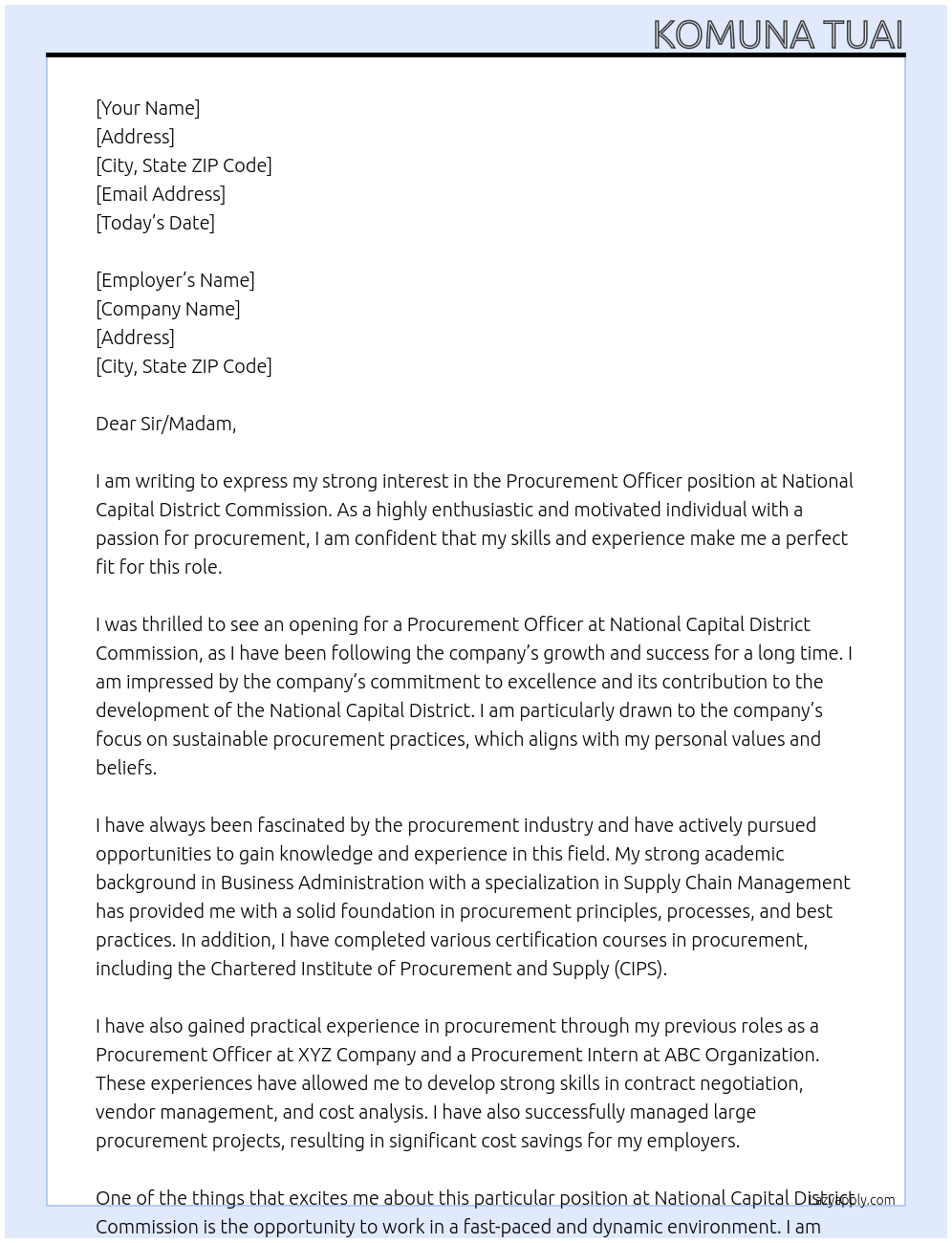 Procurement Officer At National Capital District Commission Cover Letter