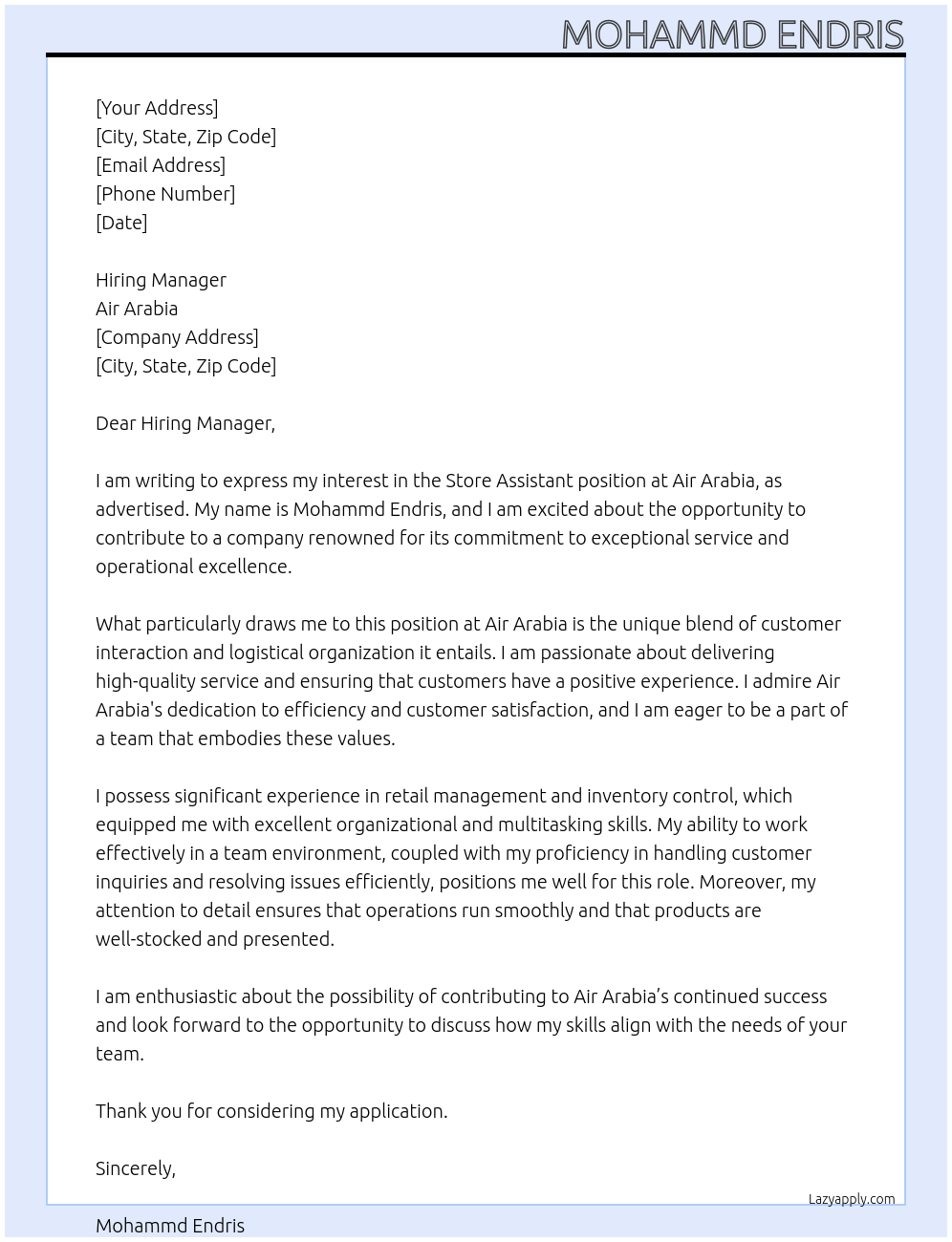 Store assistant At Air arebia Cover Letter