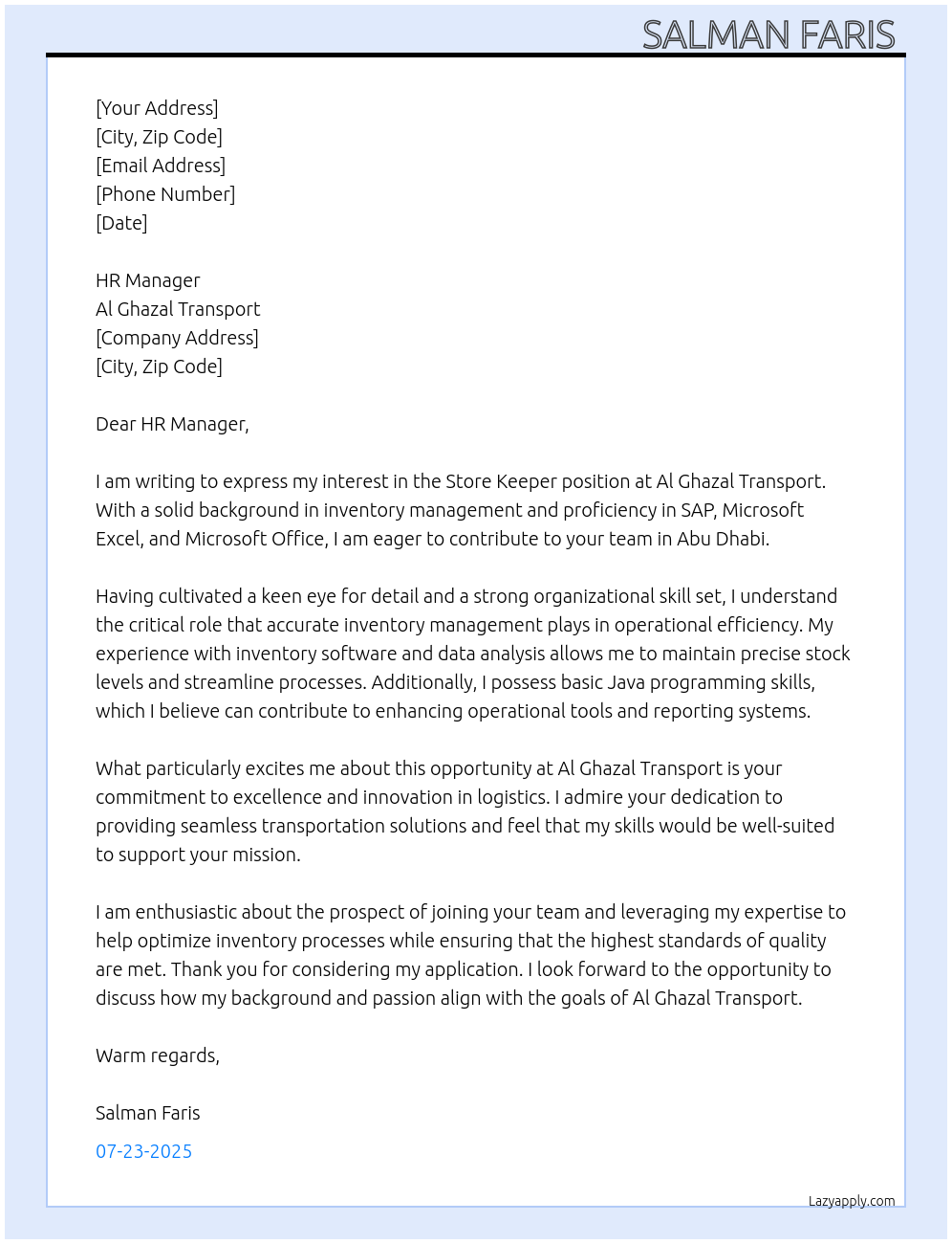 STORE KEEPER At AL GHAZAL TRANSPORT Cover Letter