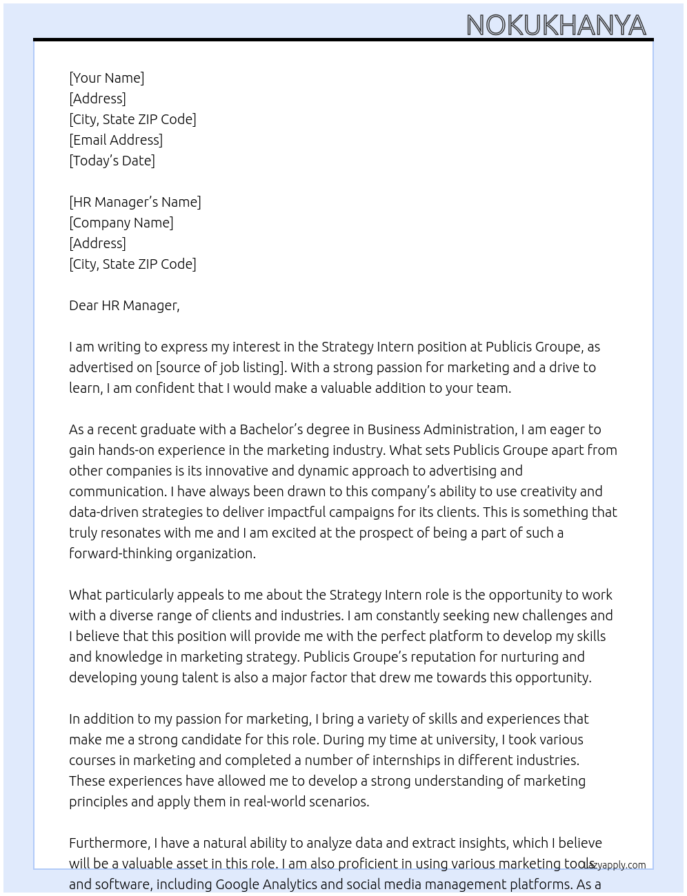 Strategy Intern At Publicis Groupe Cover Letter