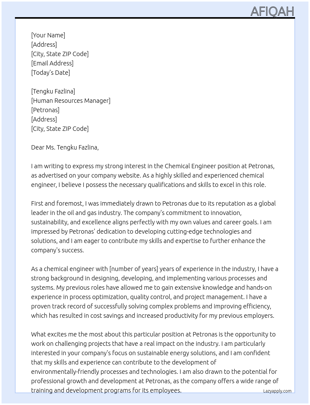 chemical engineer At Petronas Cover Letter