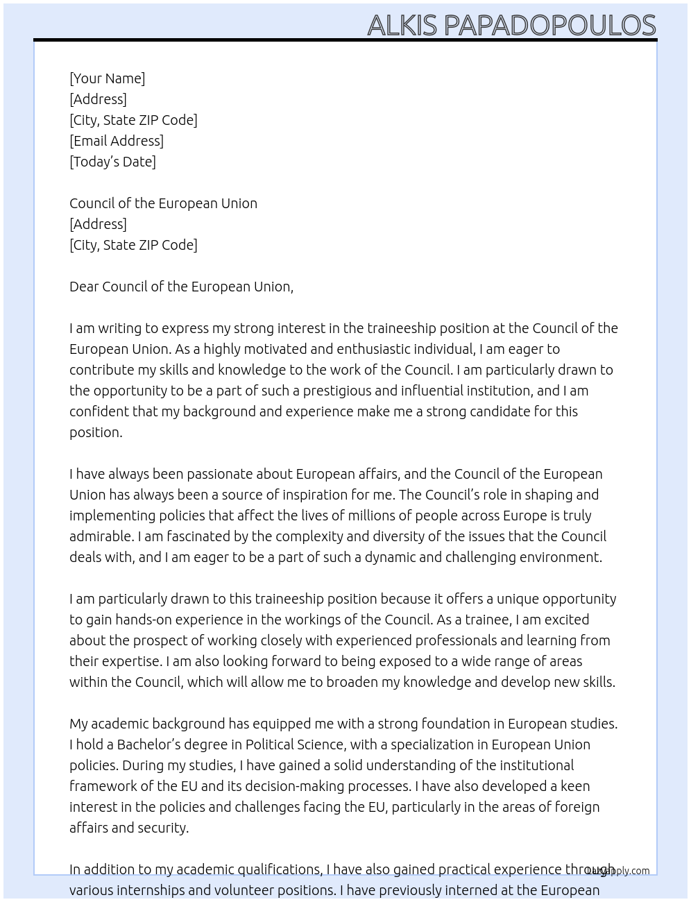 traineeship At Council of the European Union Cover Letter