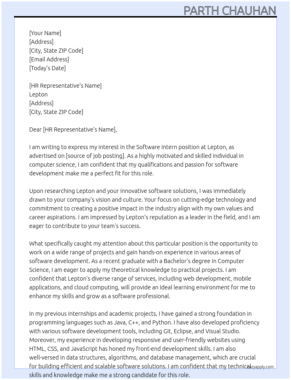 Software Intern At Lepton Cover Letter