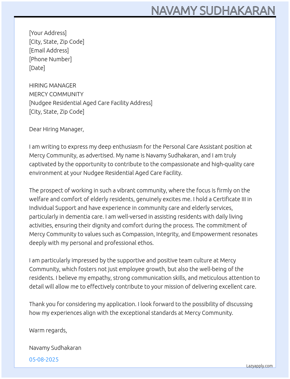 health care assistant At MERCY COMMUNITY Cover Letter