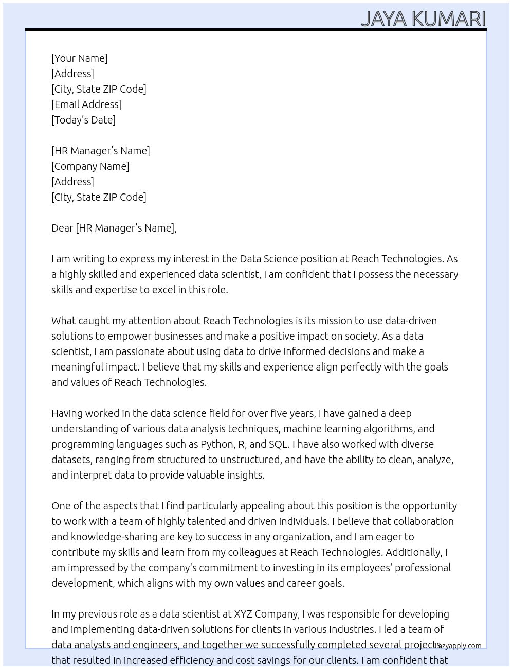 data science At Reach Technologies Cover Letter