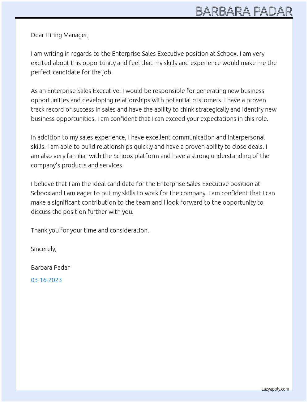 Enterprise Sales Executive At Schoox Cover Letter