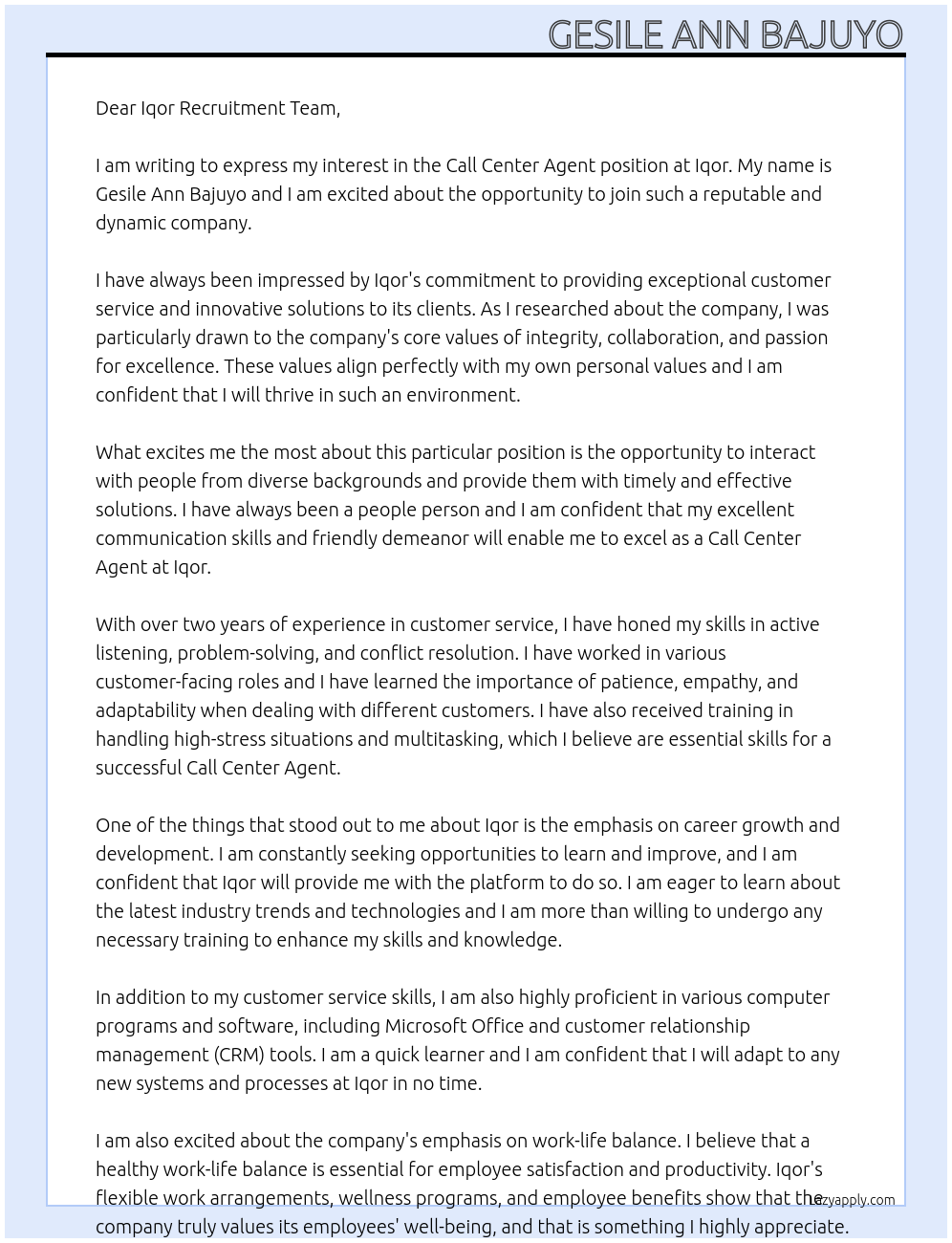 Call Center Agent At Iqor Cover Letter