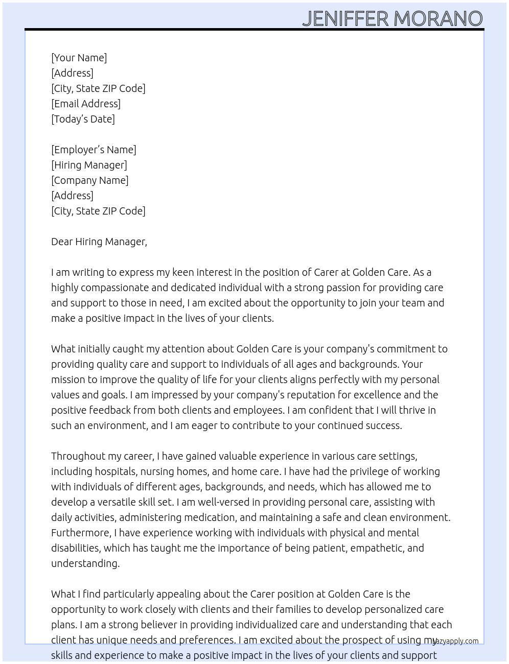 CARER At Golden Care Cover Letter