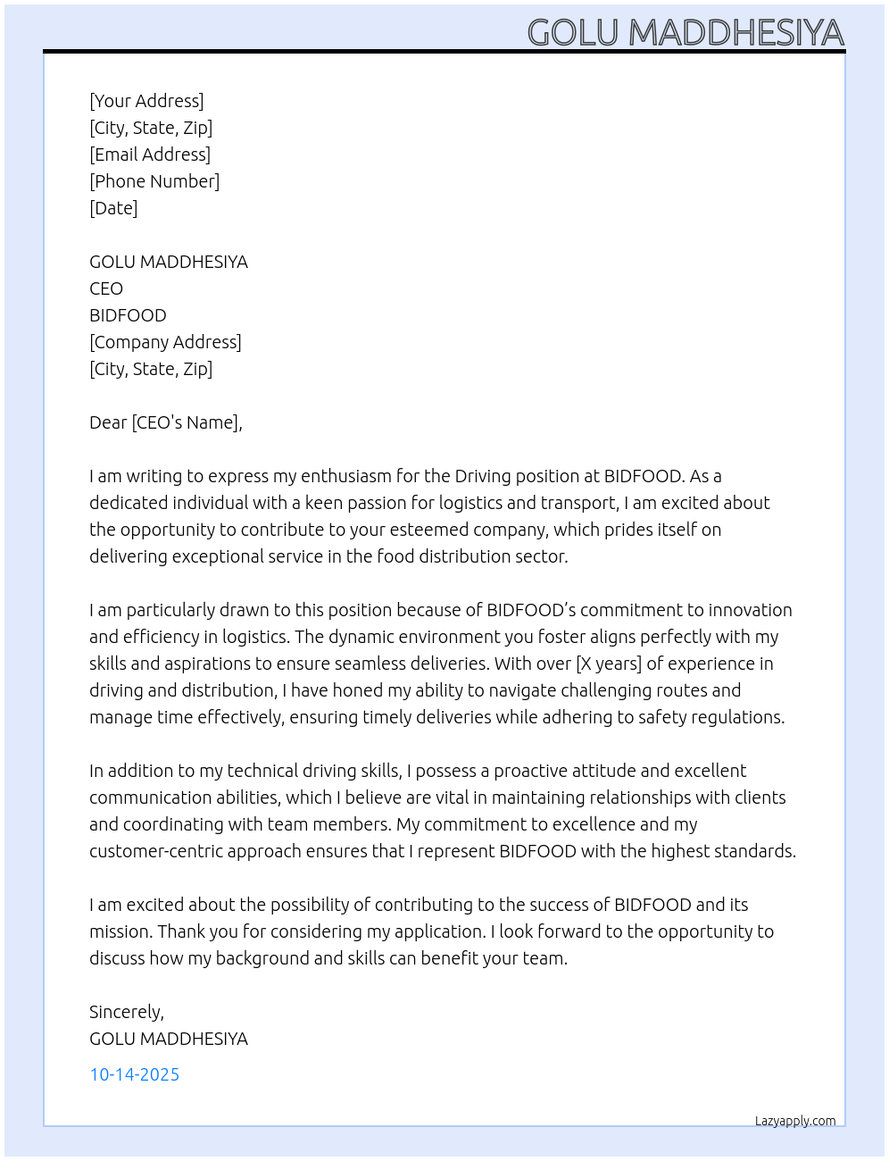 Driving At BIDFOOD Cover Letter