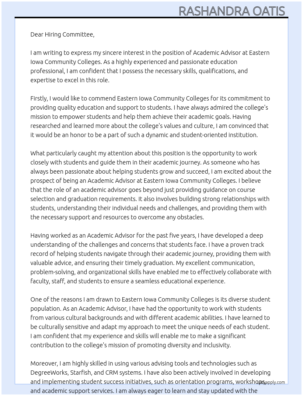 Academic Advisor At Eastern Iowa Community Colleges Cover Letter