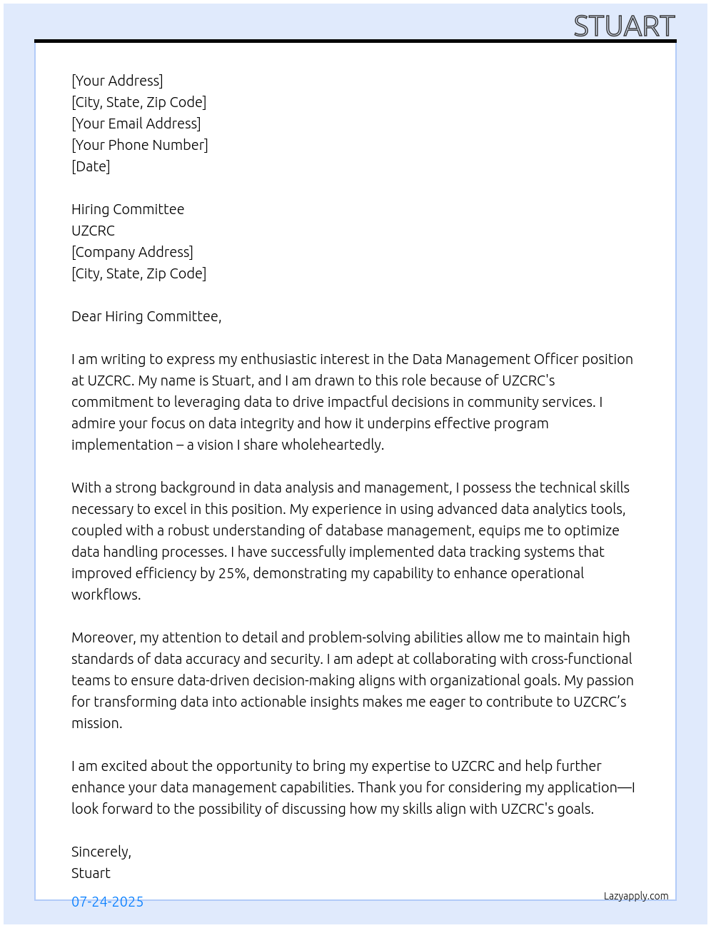 data management officer At uzcrc Cover Letter