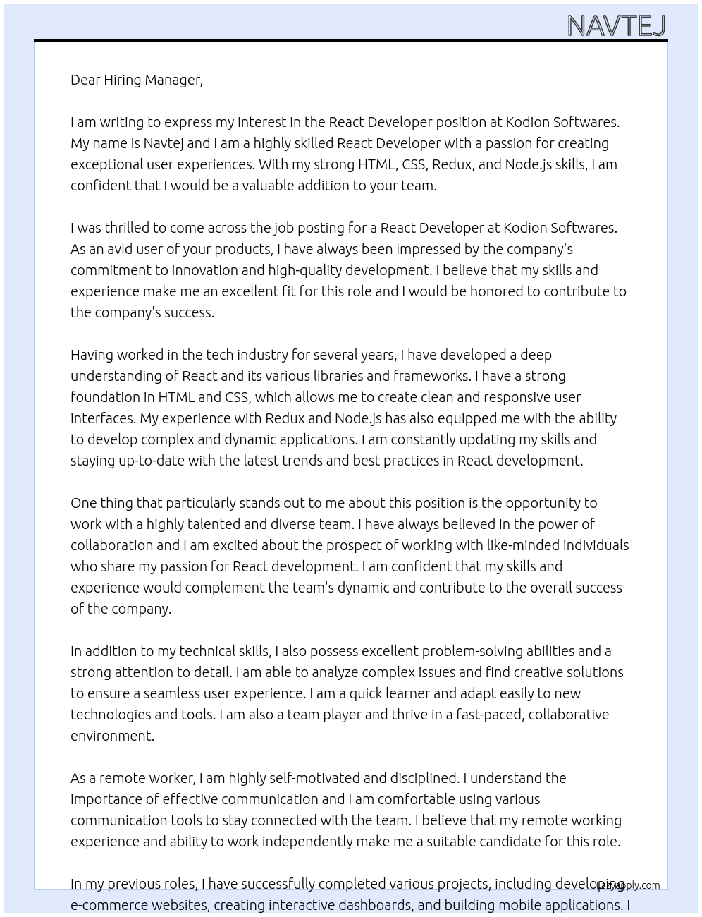 React developer At Kodion Softwares Cover Letter