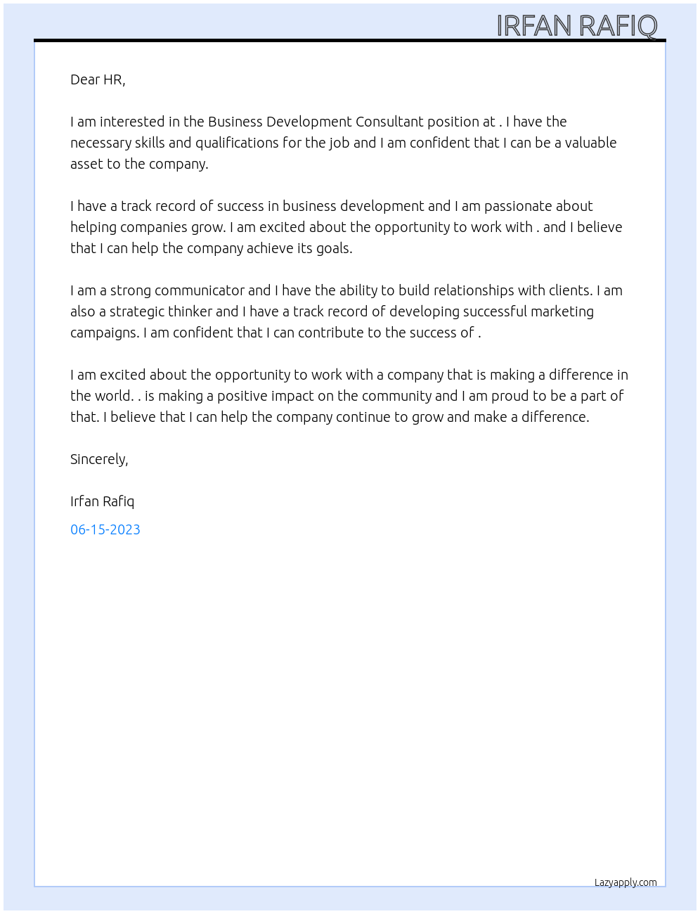 Business Development Consultant At . Cover Letter