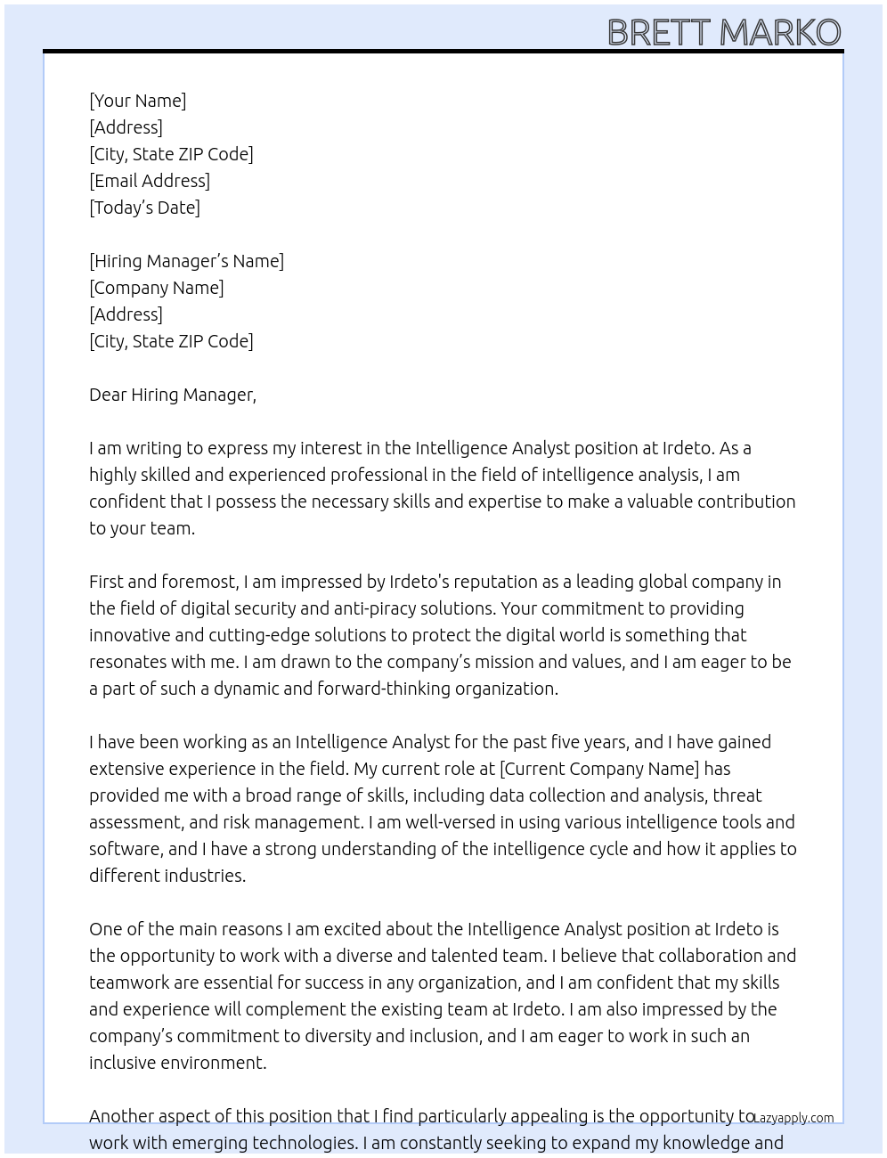 intelligence analyst At Irdeto Cover Letter