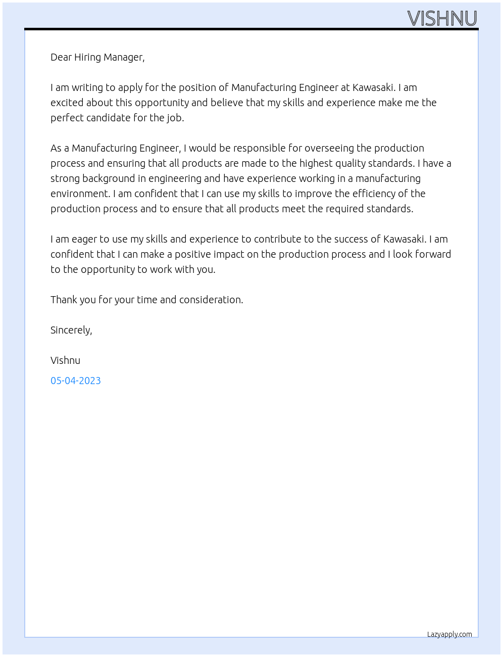 Manufacturing engineer At Kawasaki Cover Letter