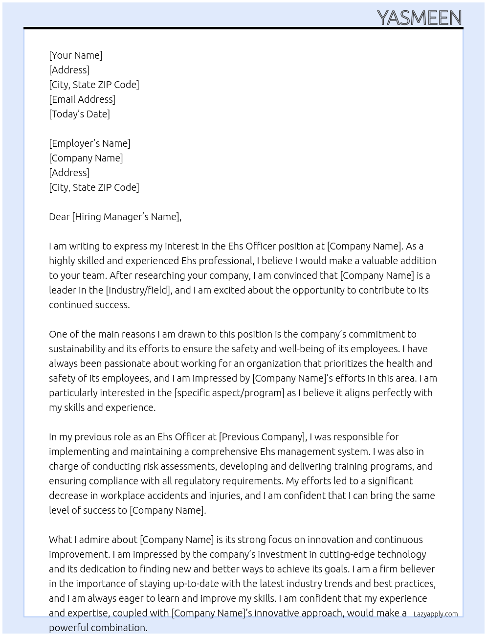 Ehs officer At Semi-governmental Cover Letter