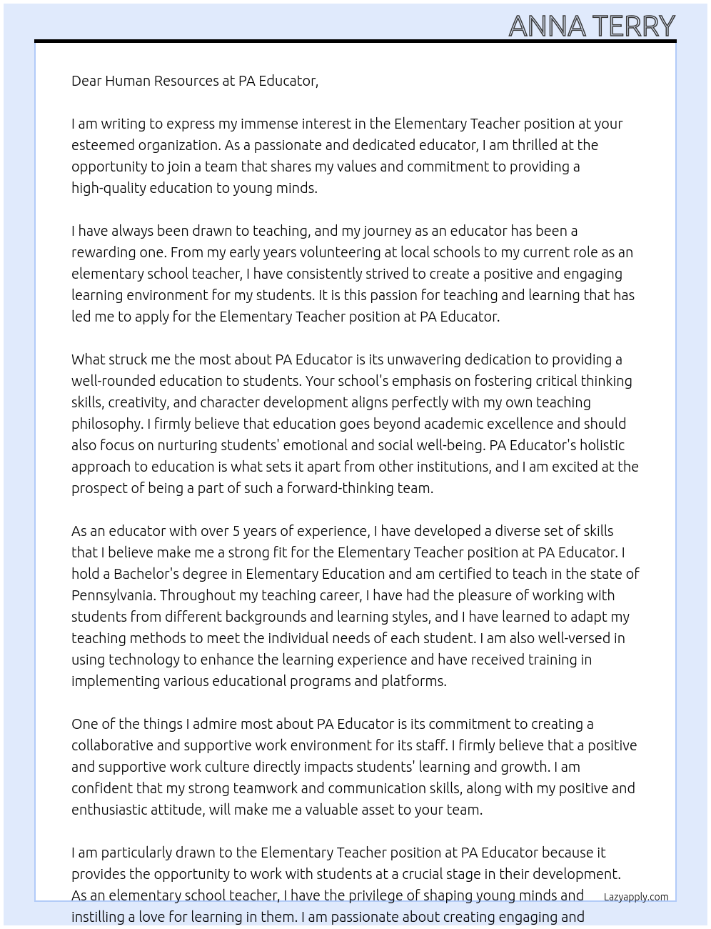 Elementary Teacher At PA Educator Cover Letter