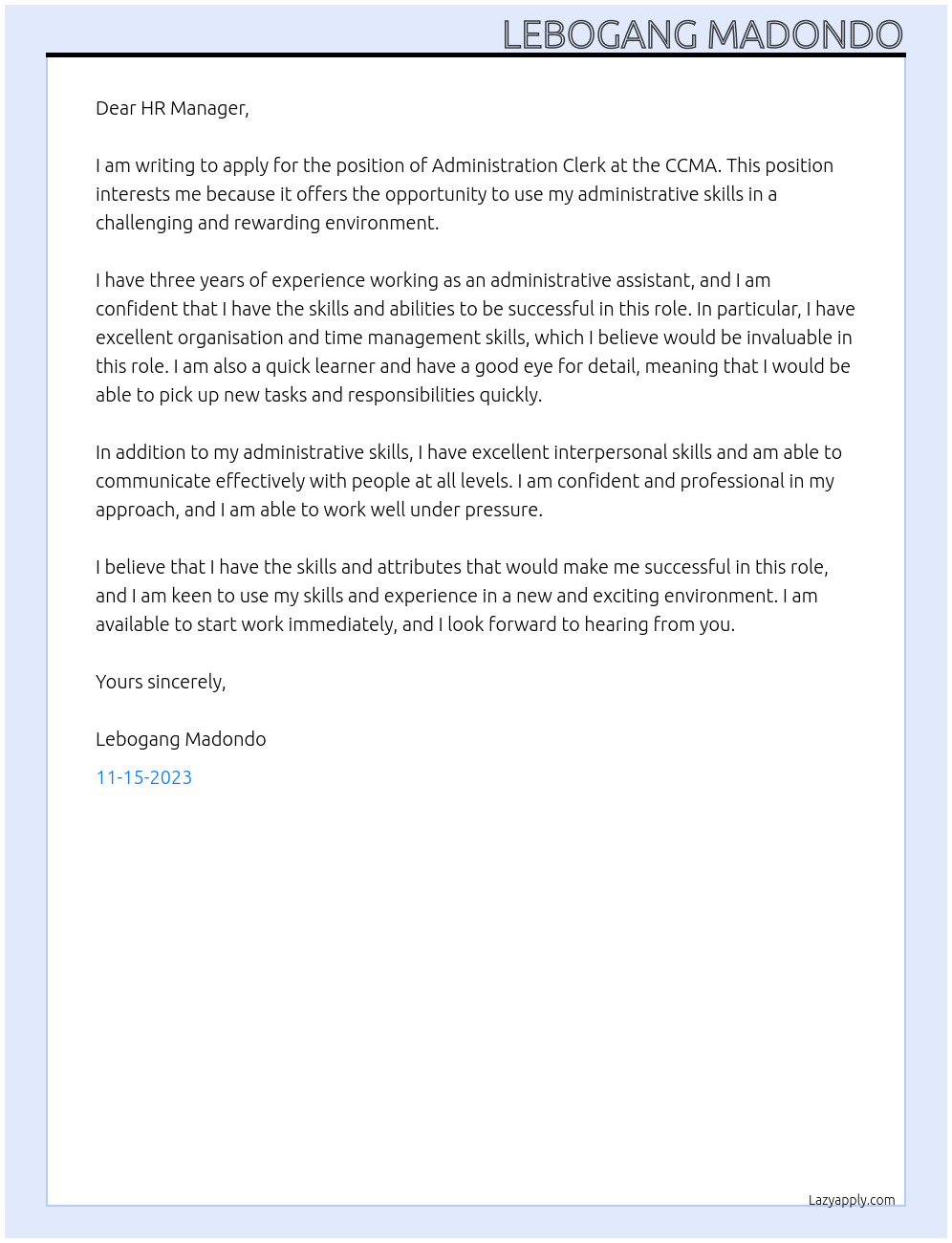 Administration: Clerk At CCMA Cover Letter