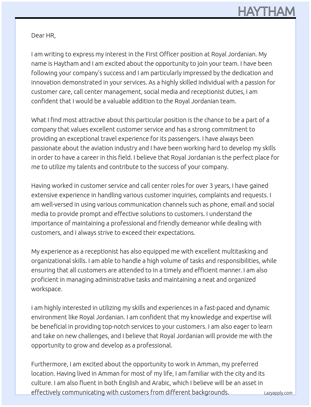 First Officer At royaljordanian Cover Letter