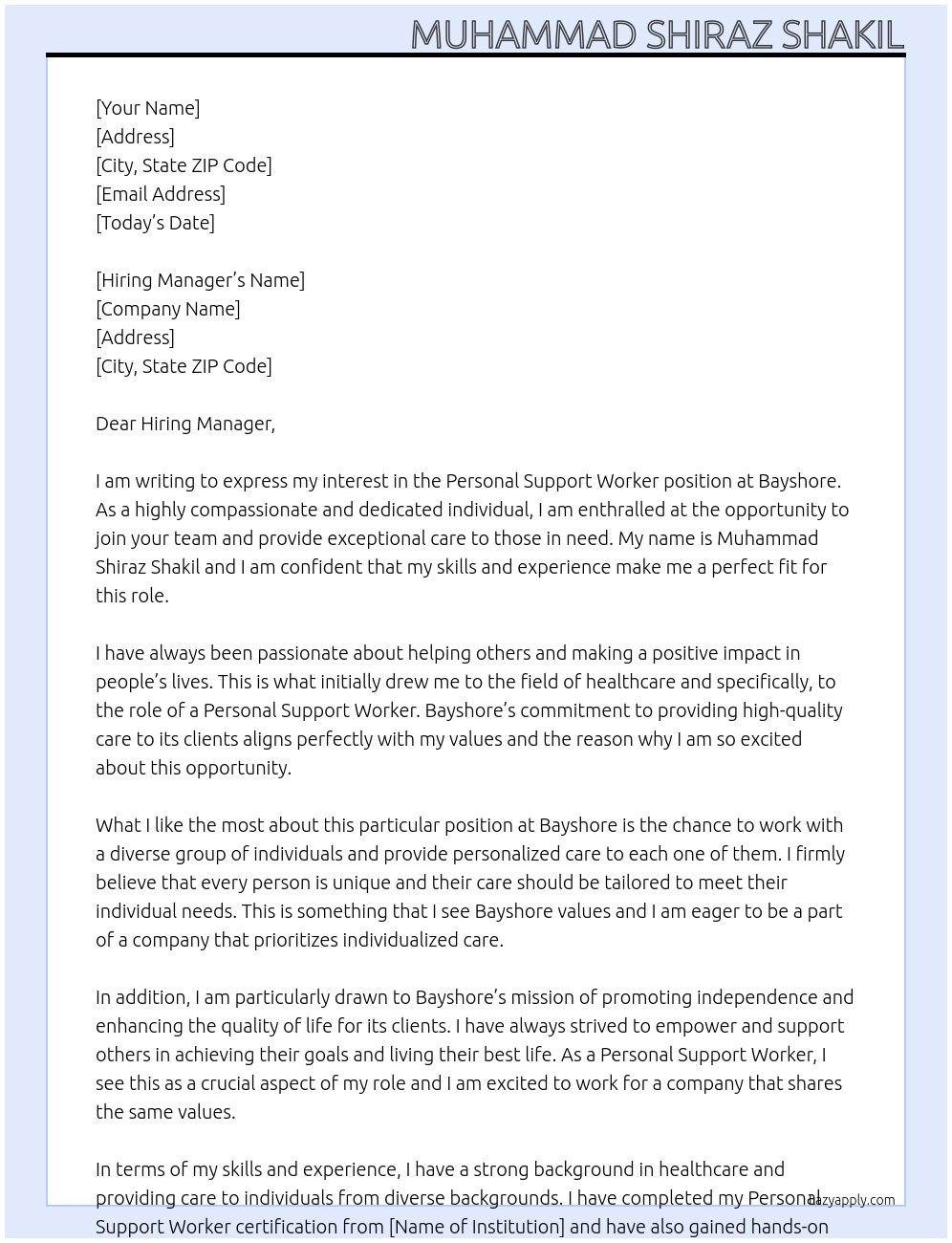 Personal Support Worker At Bayshore Cover Letter
