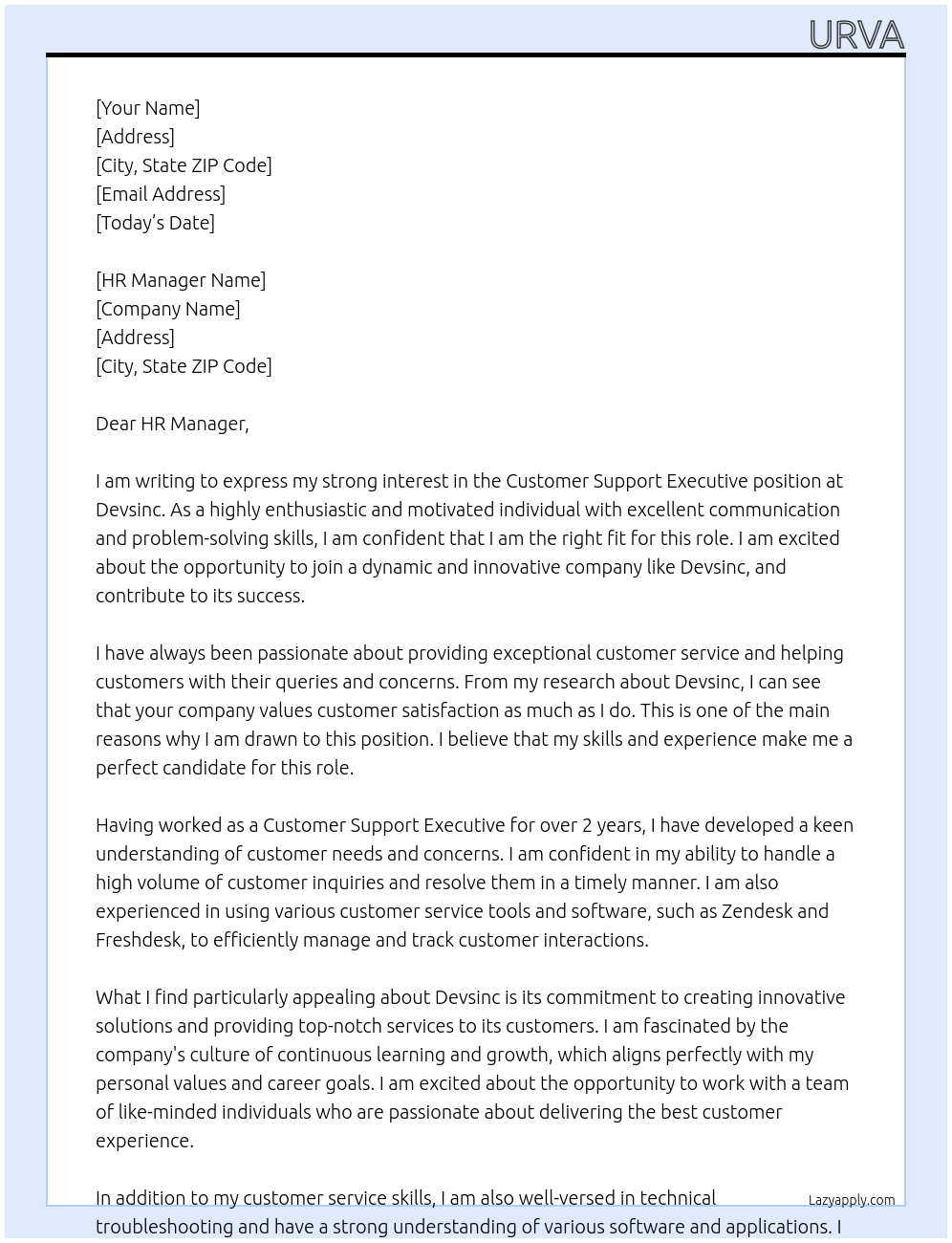 Customer support executive At Devsinc Cover Letter