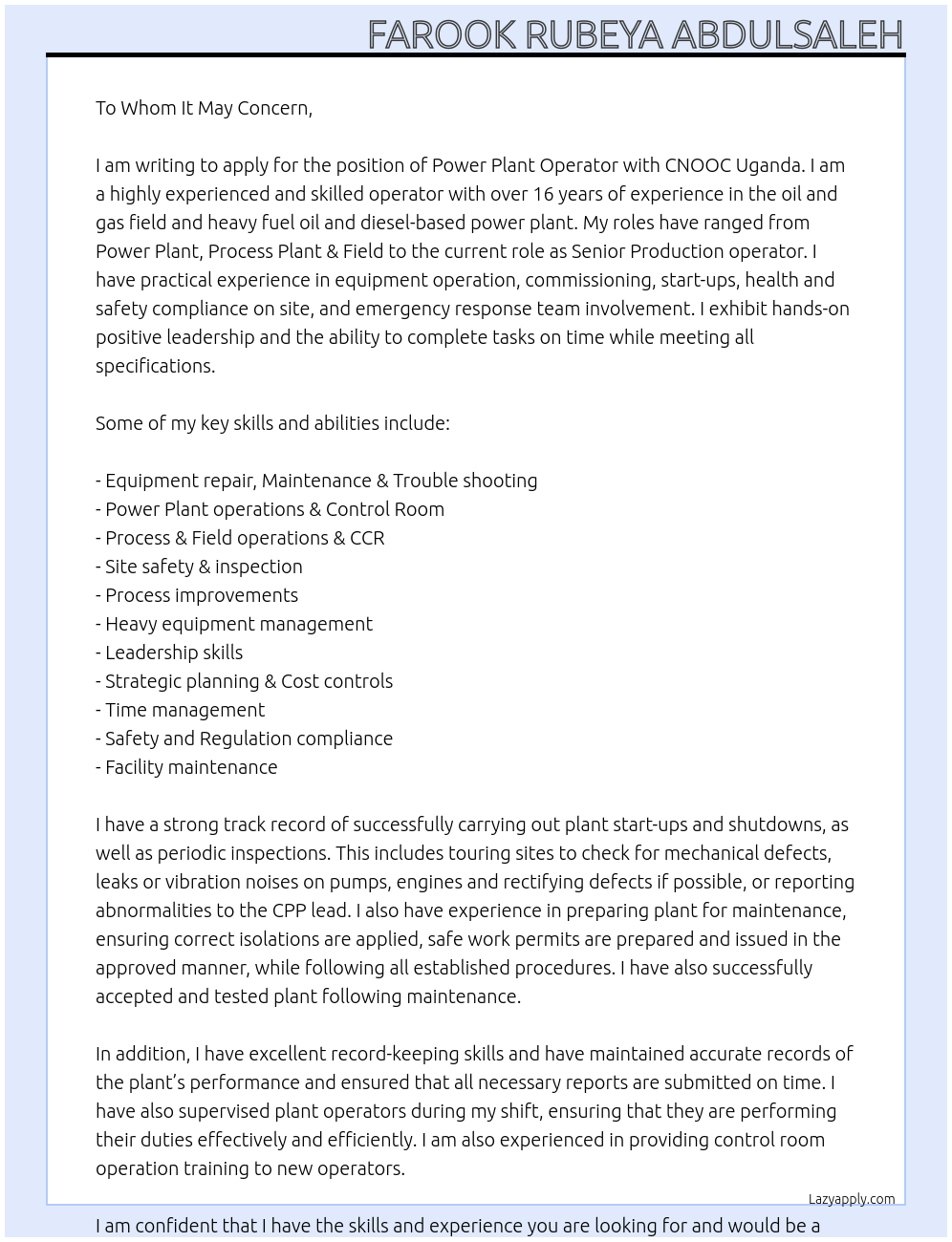 Power Plant Operator At CNOOC Uganda Cover Letter