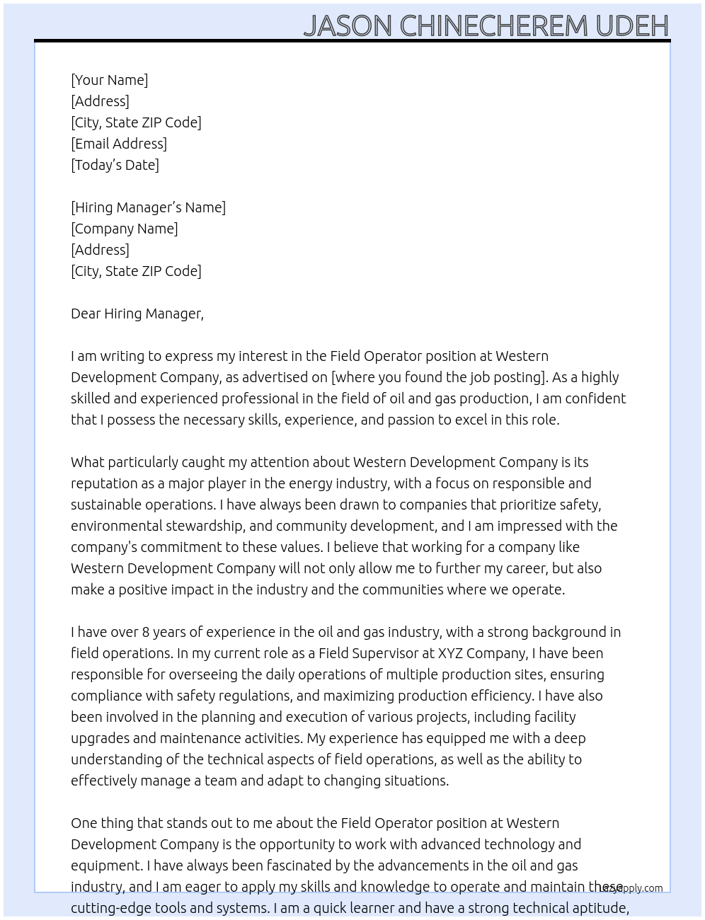 Field Operator At Western Development Company Cover Letter
