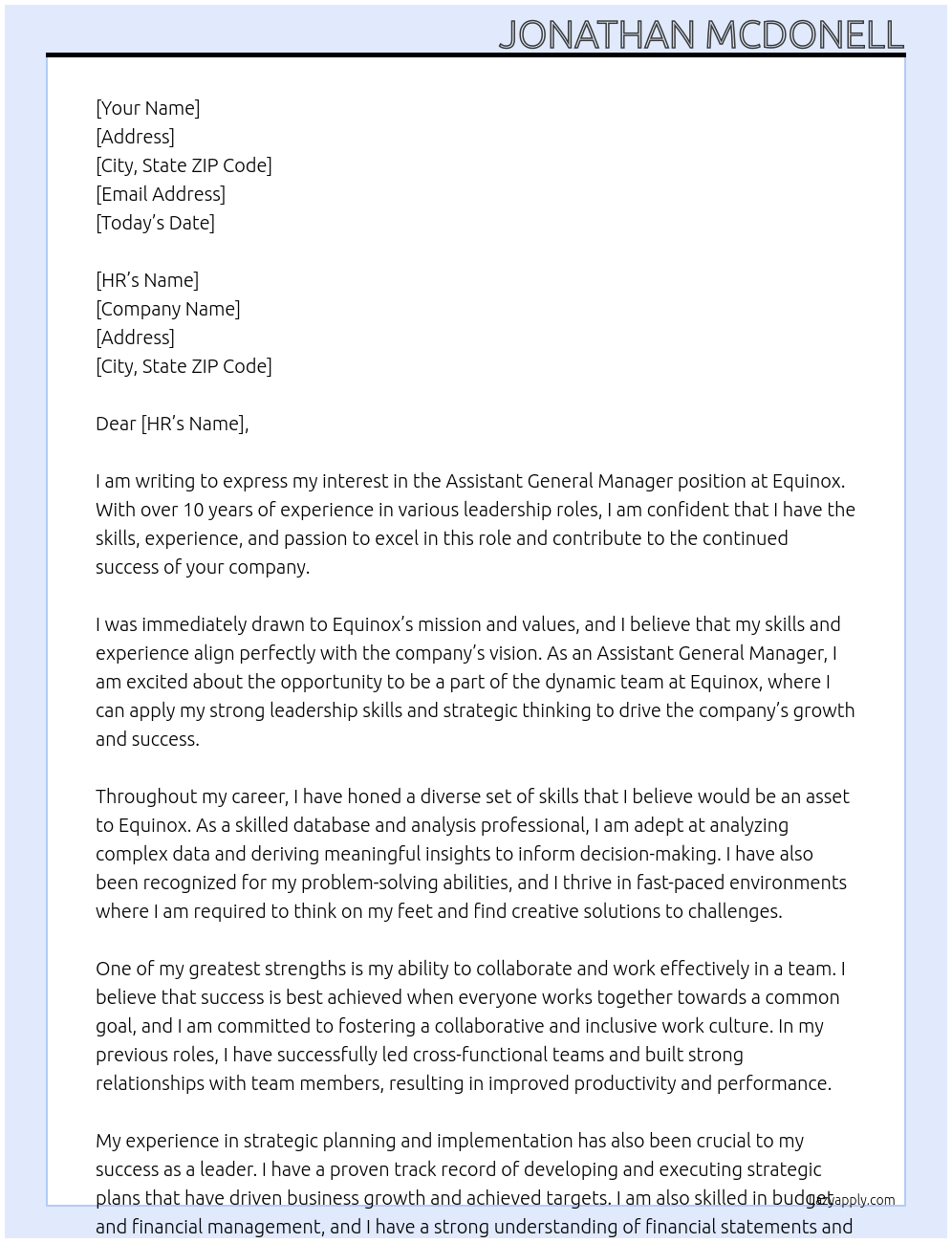 Assistant General Manager At Equinox Cover Letter