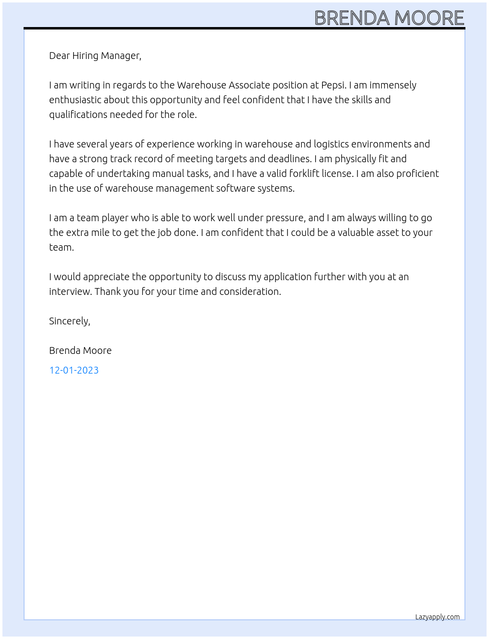 Warehouse Associate At Pepsi Cover Letter