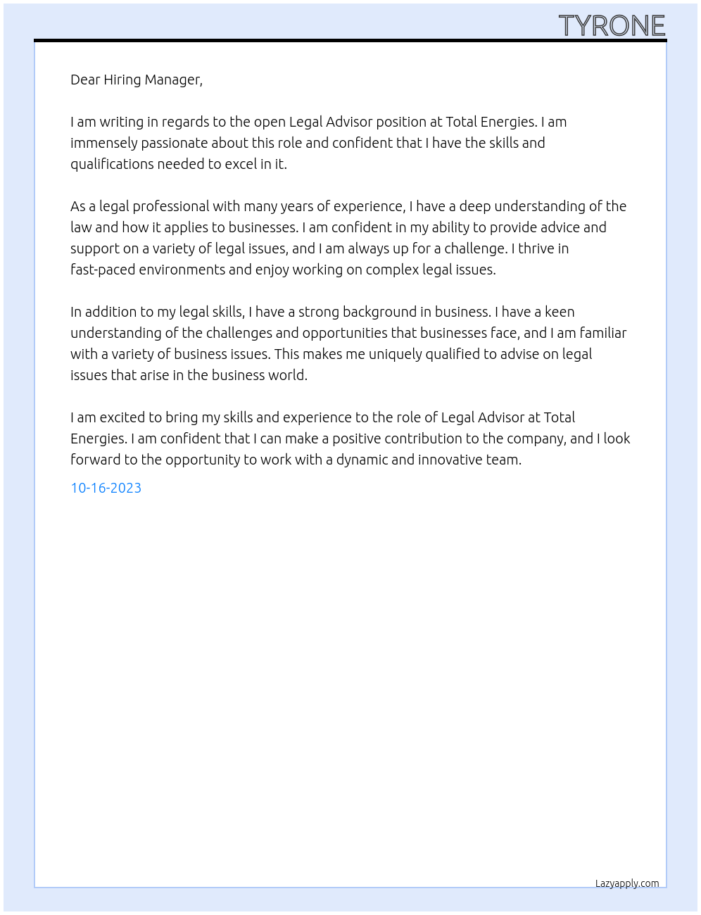 Legal Advisor At Total Energies Cover Letter