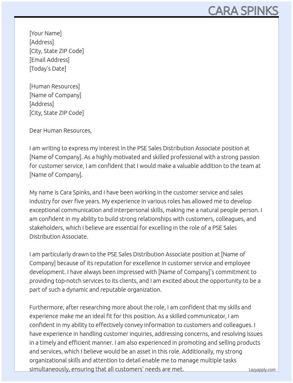 Cover letter for pse sales distribution associate” - LazyApply