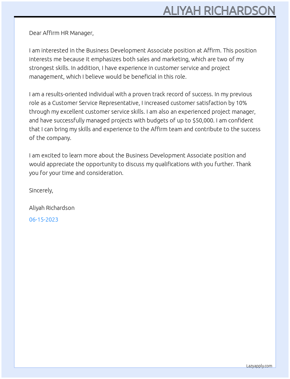 Business development associate At Affirm Cover Letter