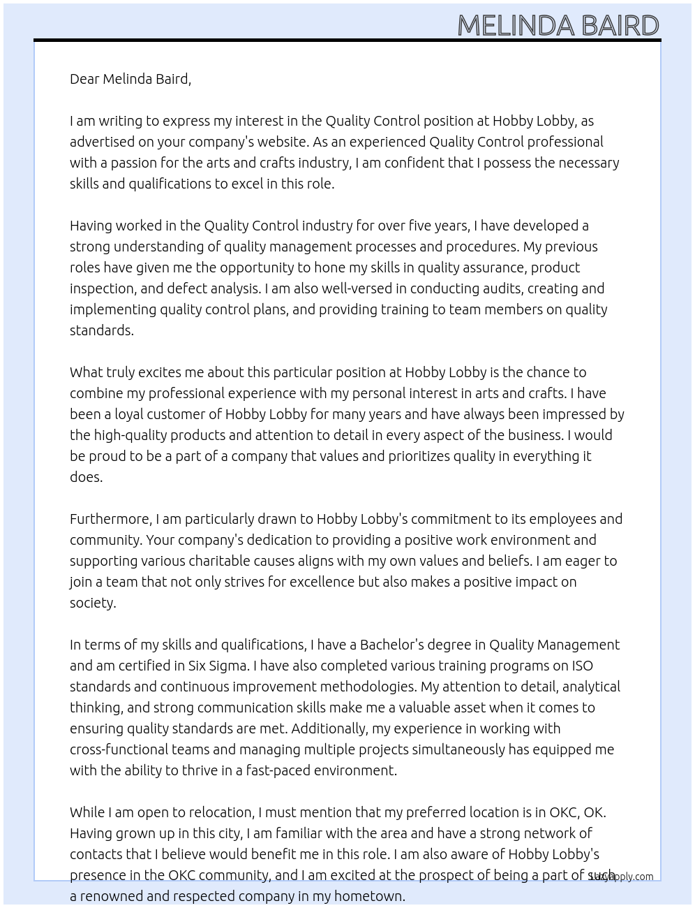 Quality Control At Hobby Lobby Cover Letter