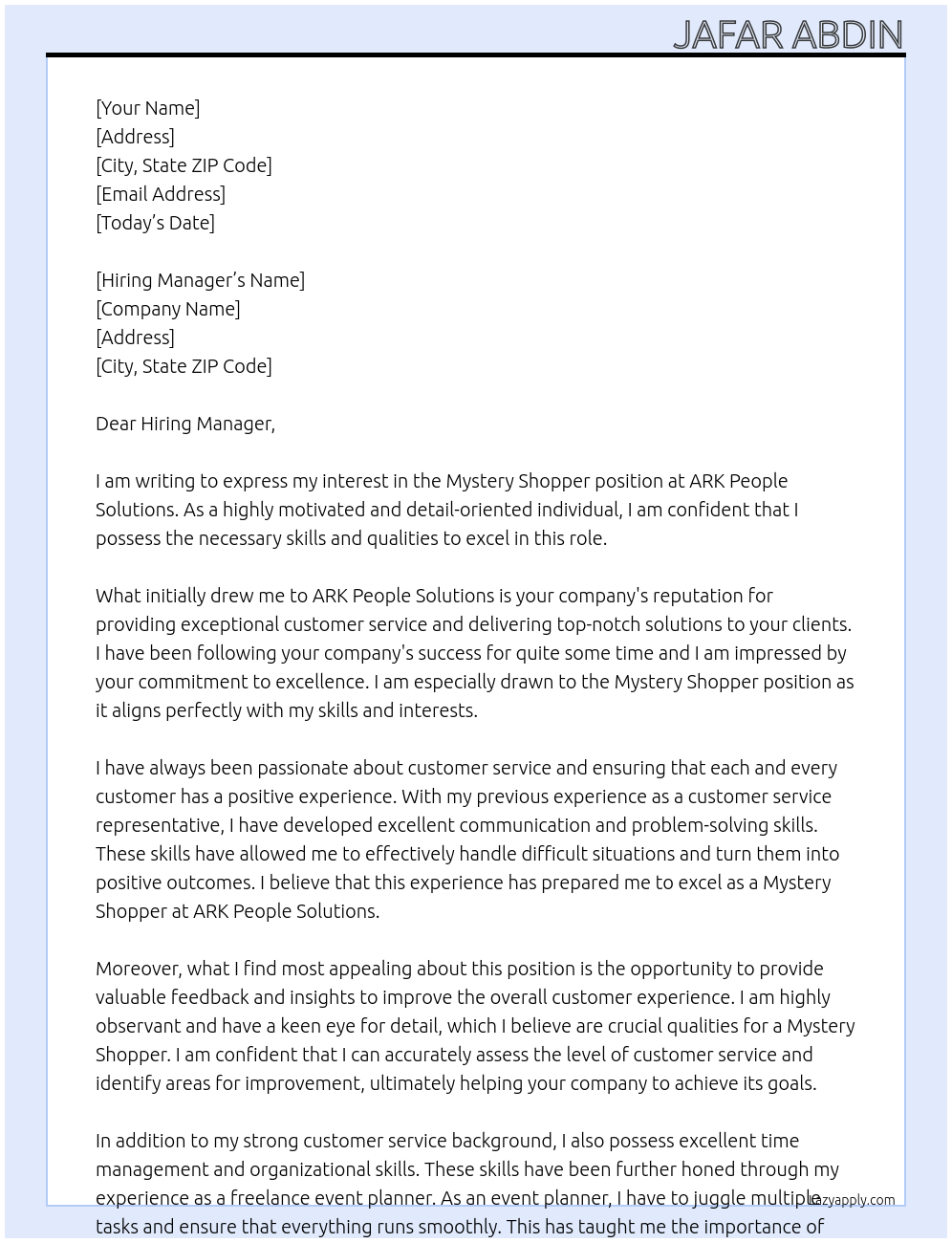 Mystery shopper At ARK people solutions Cover Letter