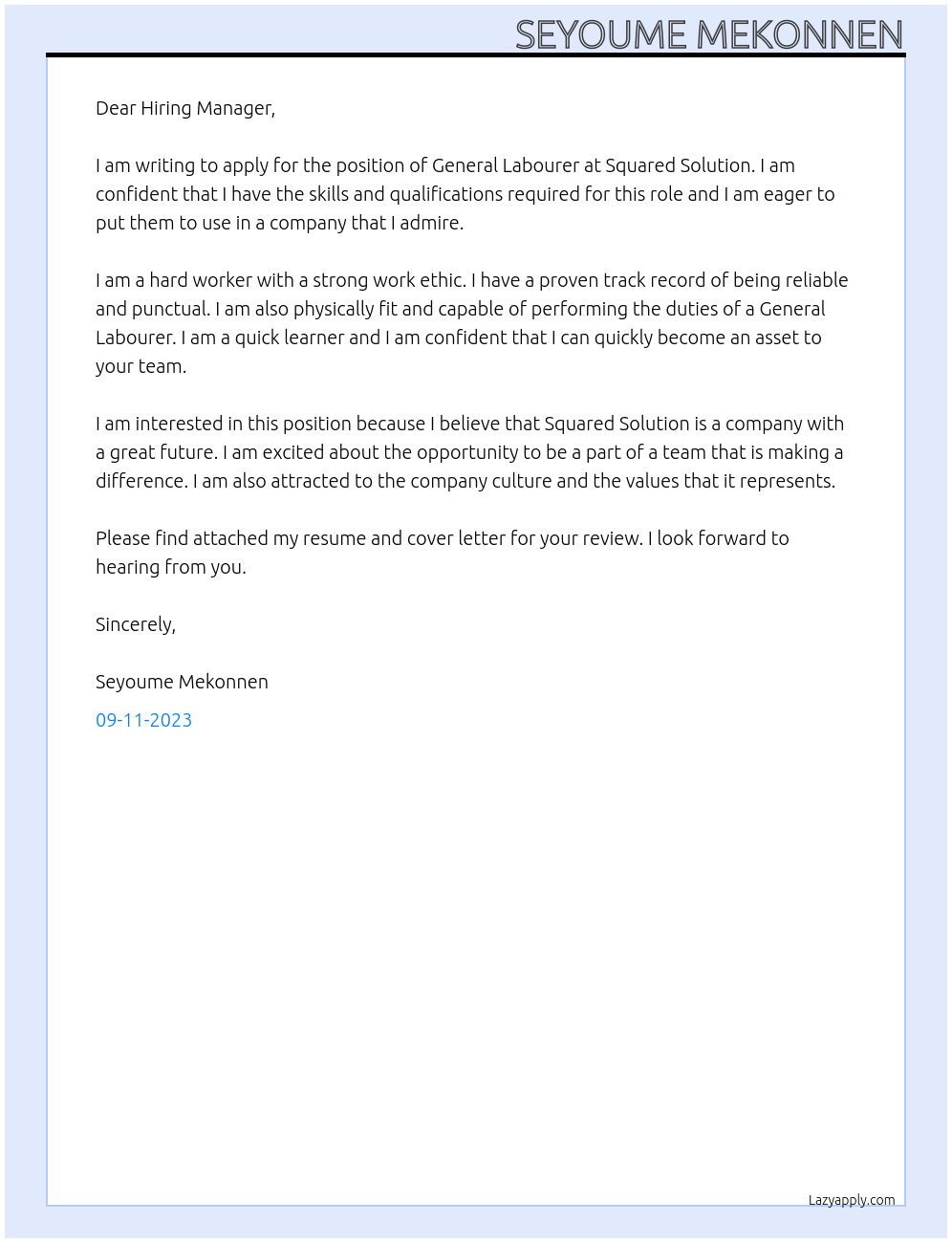 General labourer At Squared solution Cover Letter